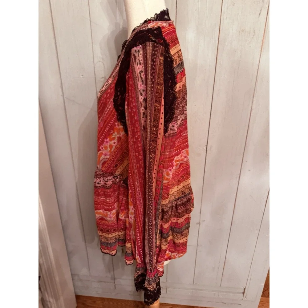 Free People Natalie Boho Printed Long Sleeve Top in Plum Red Lace‎ Black Sm